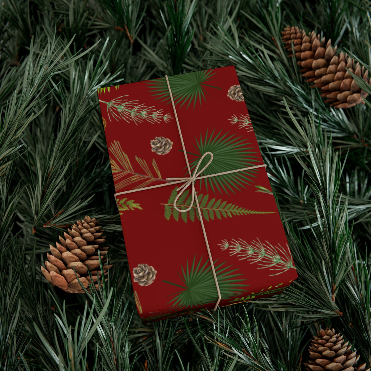 Paleobotany wrapping paper with ginkgo leaves, ferns and conifers