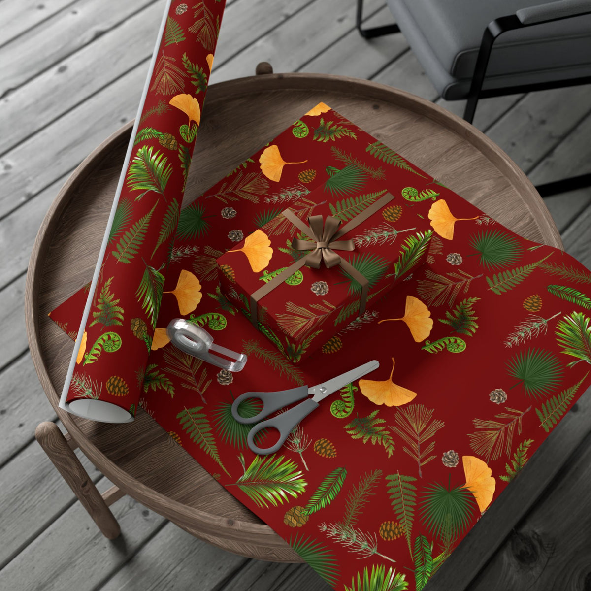 Paleobotany wrapping paper with ginkgo leaves, ferns and conifers