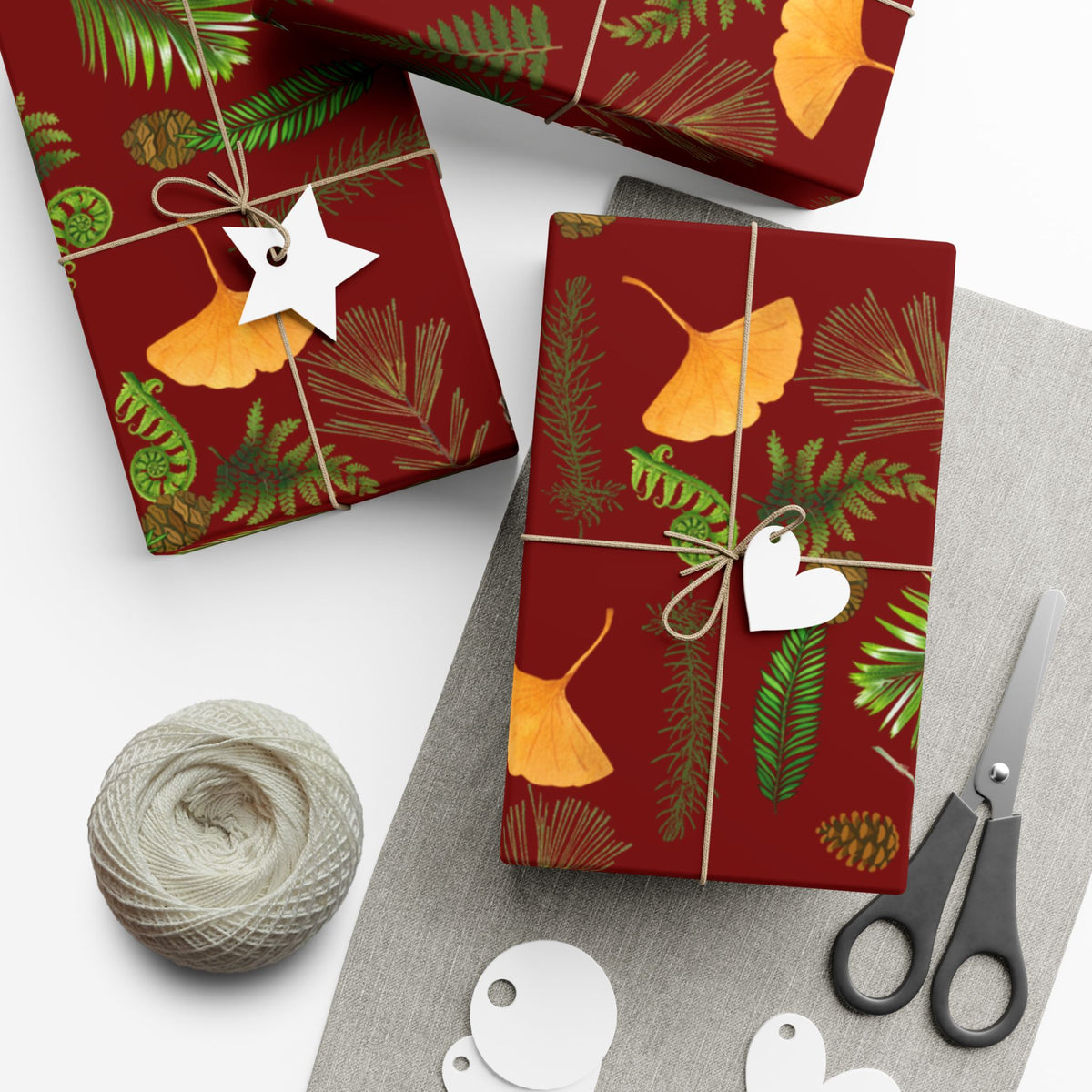Paleobotany wrapping paper with ginkgo leaves, ferns and conifers